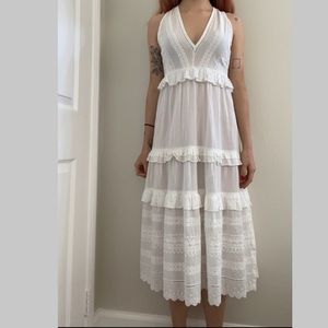 white ruffled midi dress
